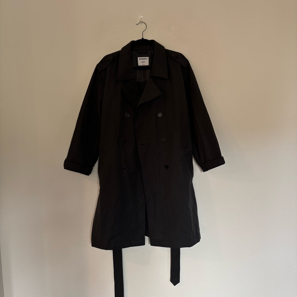 Old Navy Petite XL Water Resistant Tie Belt Trench Coat Panther Dark Gray - Picture 3 of 10